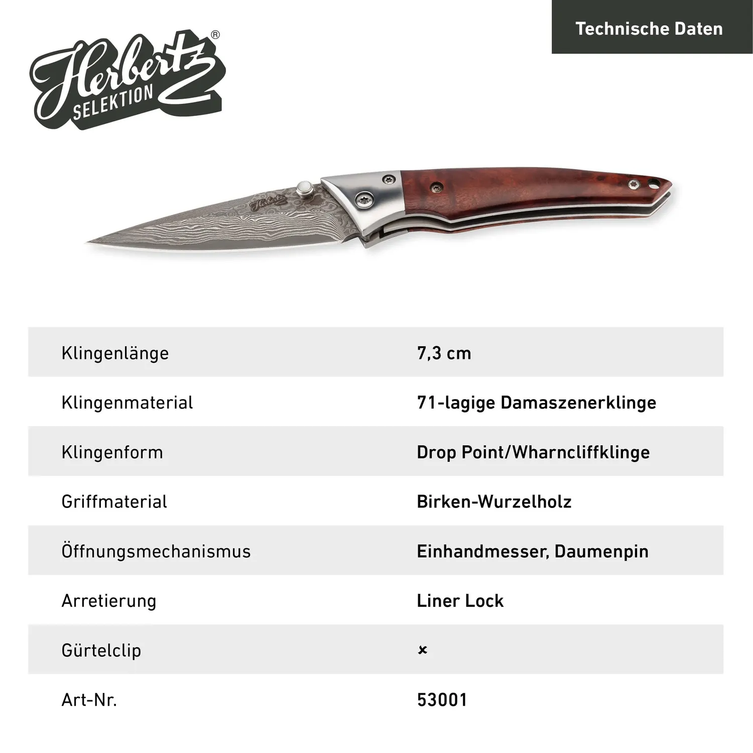 Herbertz Selektion Einhandmesser Damast Birke