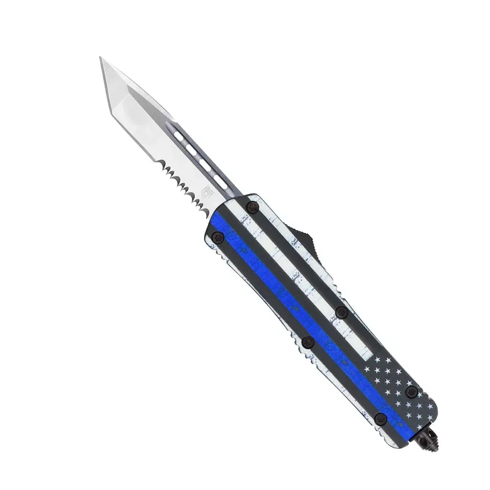 CobraTec FS-3 Medium OTF-Messer Blue Line Flag Tanto gezahnt
