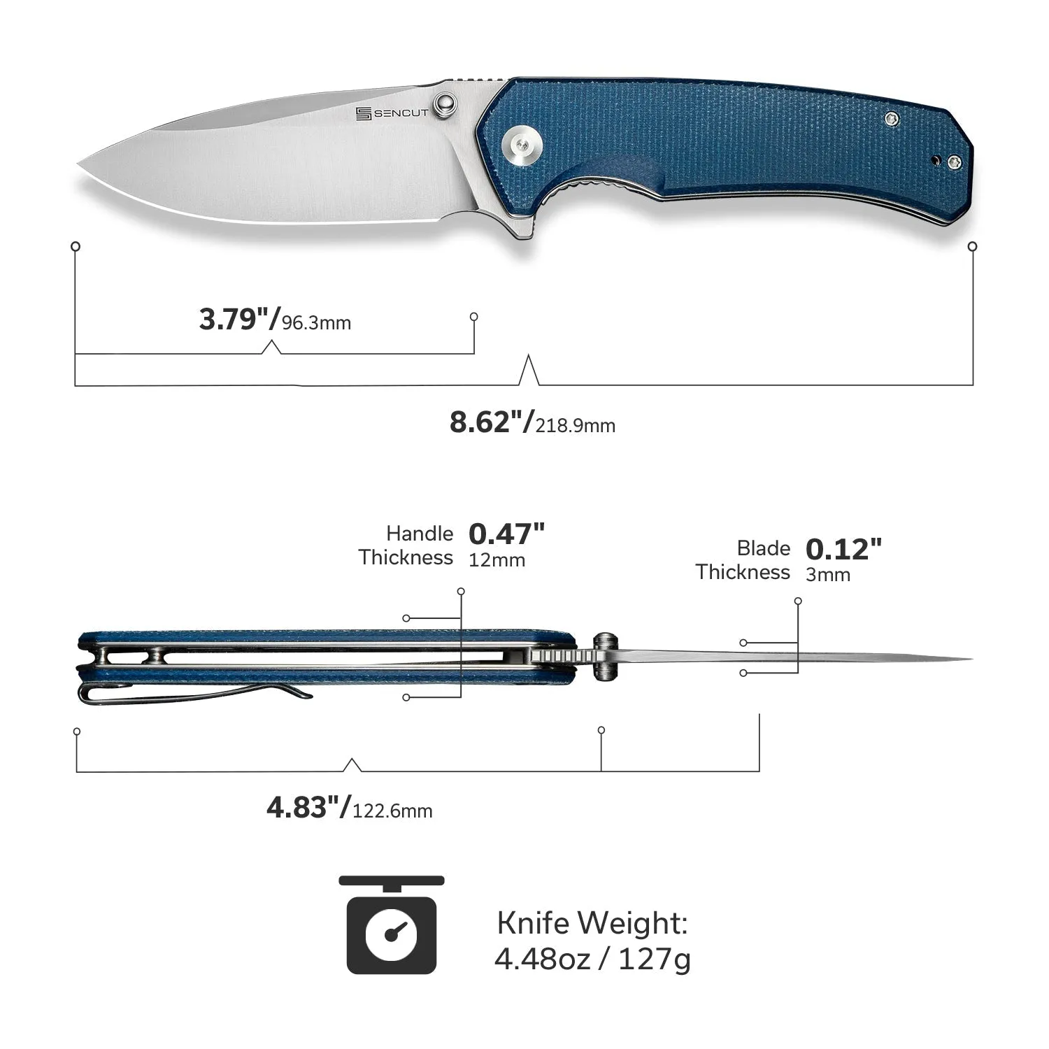 SENCUT Skarnax S24025-3 Klappmesser Blau Micarta 9Cr18MoV