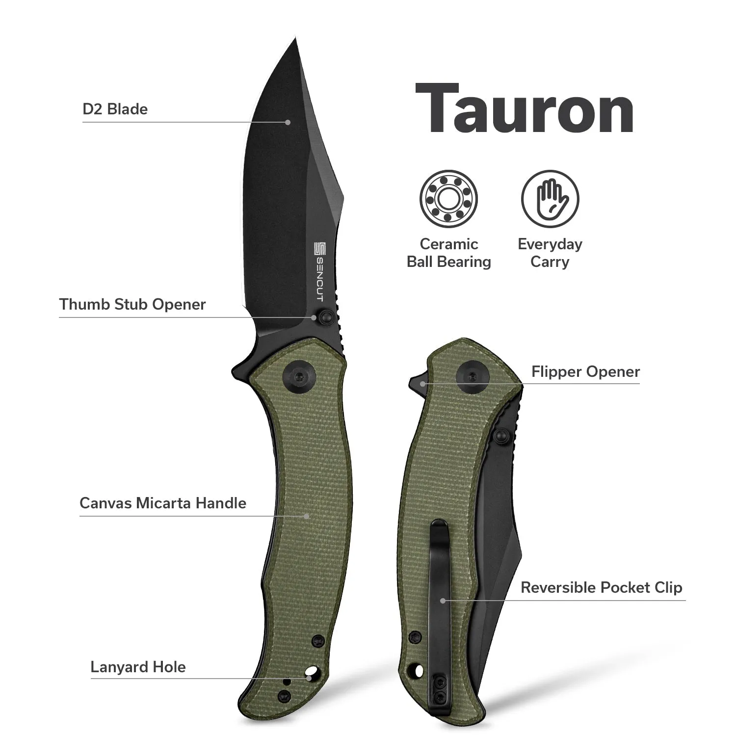 SENCUT Tauron S25060-3 Taschenmesser Olive D2