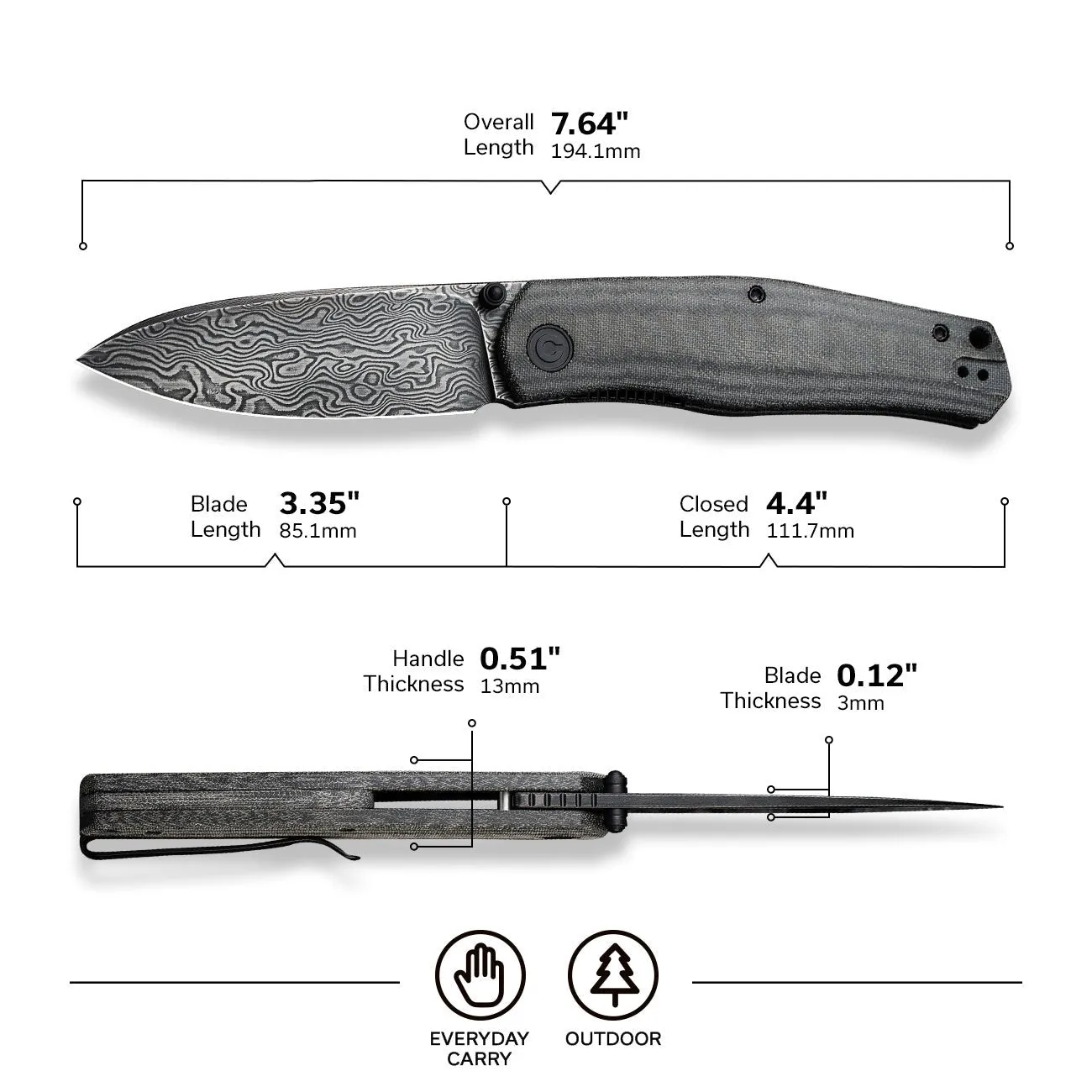 Civivi Sokoke C22007-DS1 Taschenmesser Damast Micarta