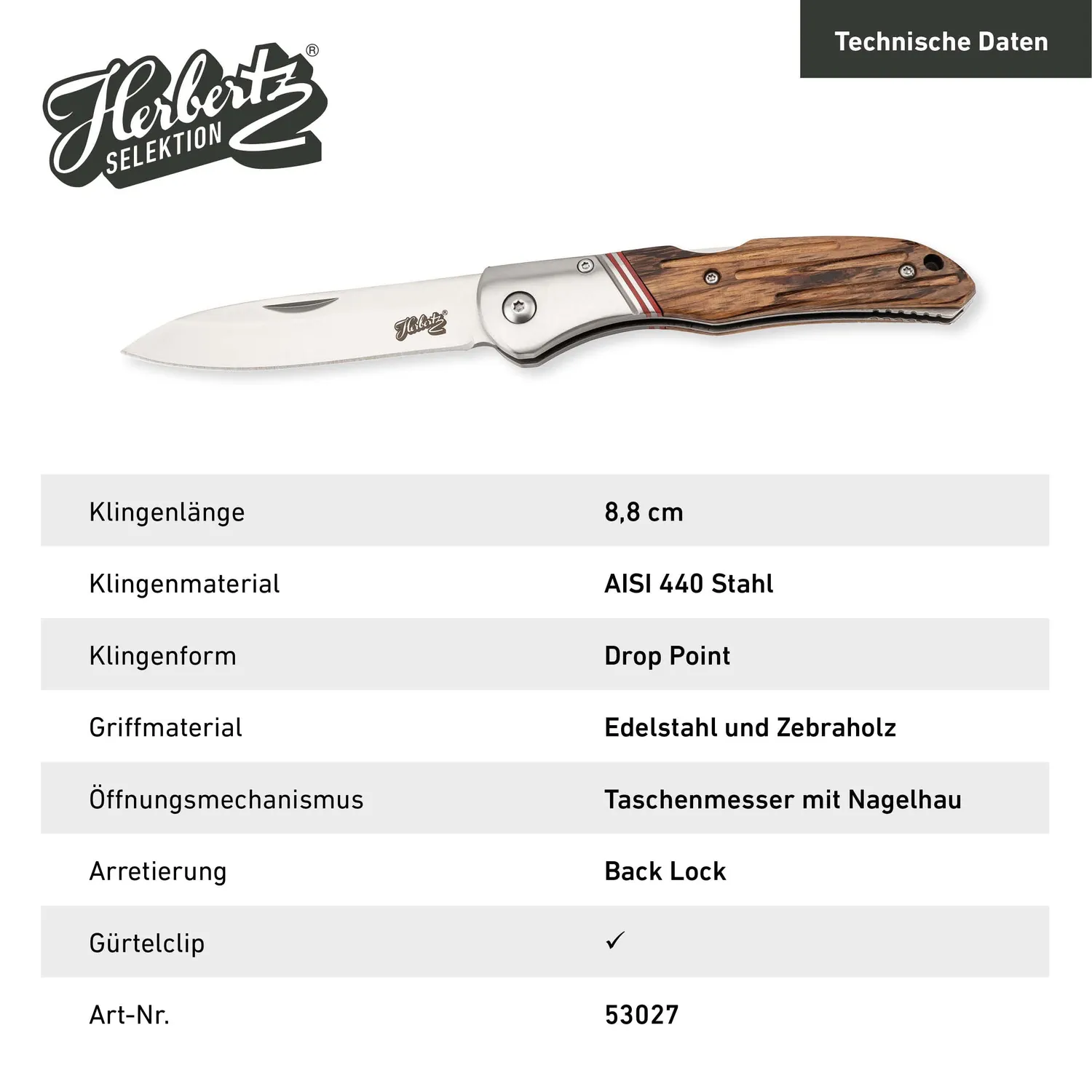 Herbertz Selektion Taschenmesser Zebraholz 8,8 cm rostfrei