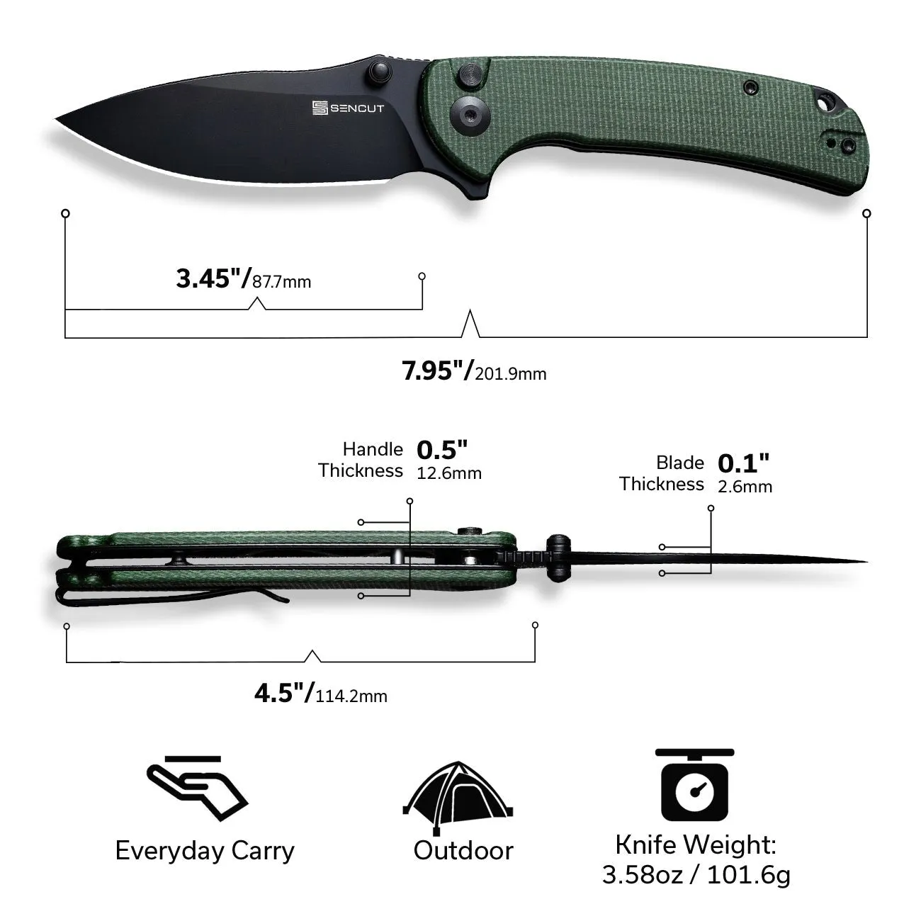 SENCUT Pulsewave S23032-3 Klappmesser Grün Micarta