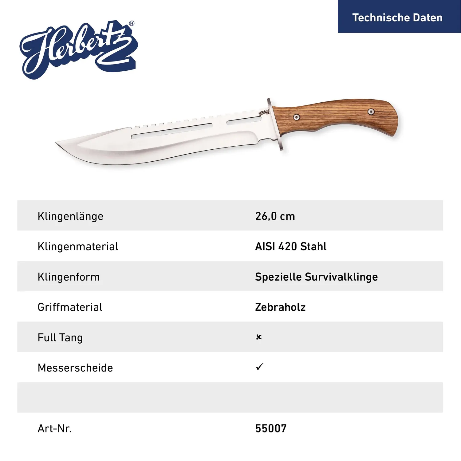 Herbertz Gürtelmesser AISI 420 Zebraholz Nylonscheide