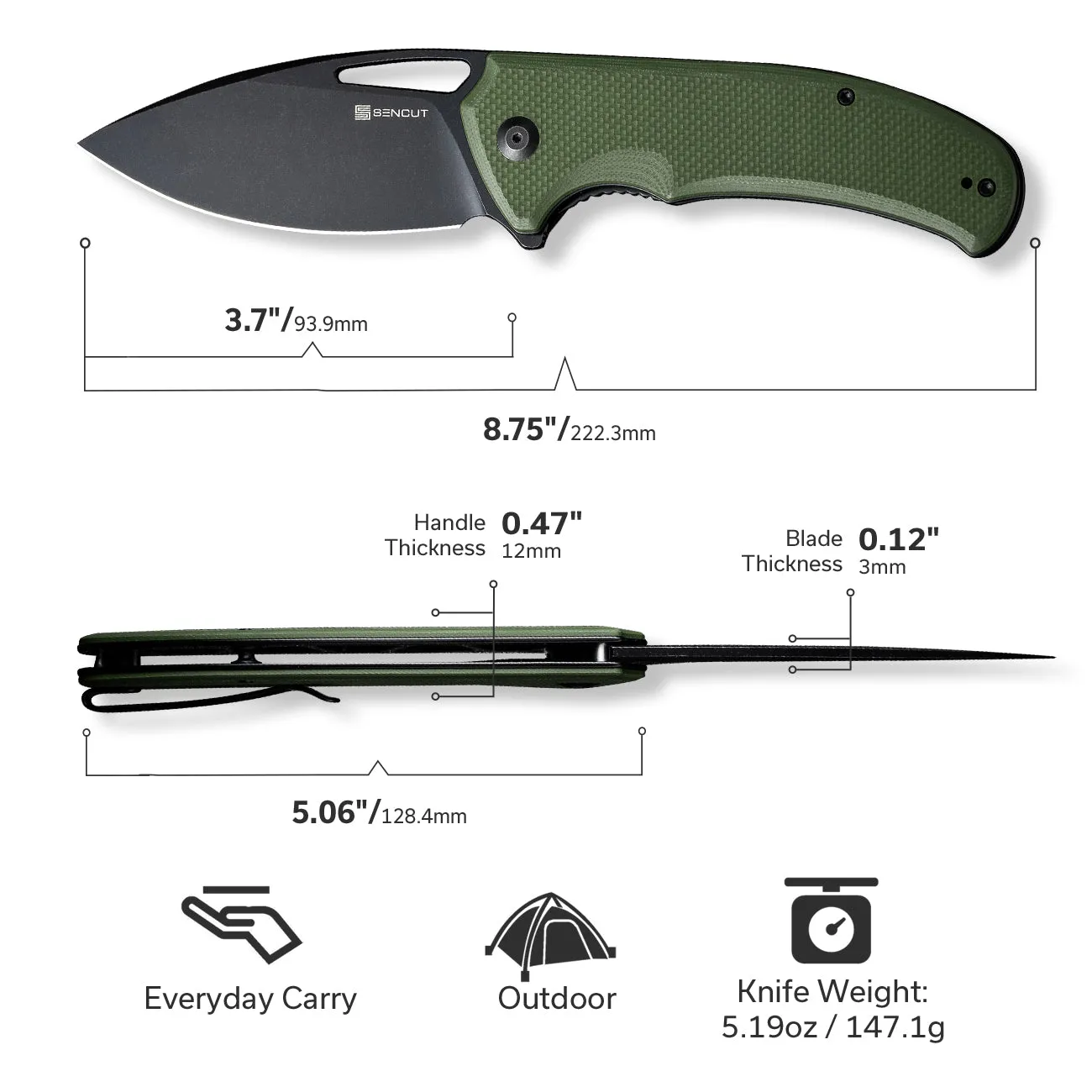 SENCUT Phantara S23014-3 Klappmesser 9,4 cm OD Green