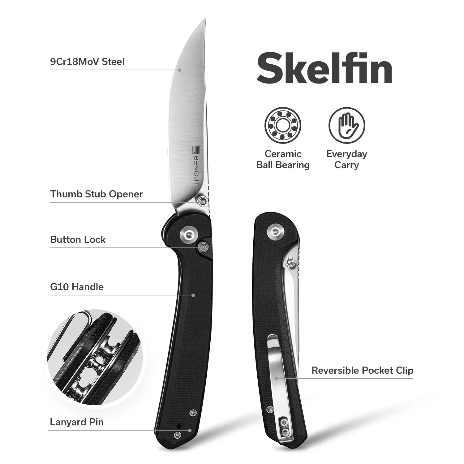 SENCUT Skelfin S25007-2 Taschenmesser Schwarz Button-Lock