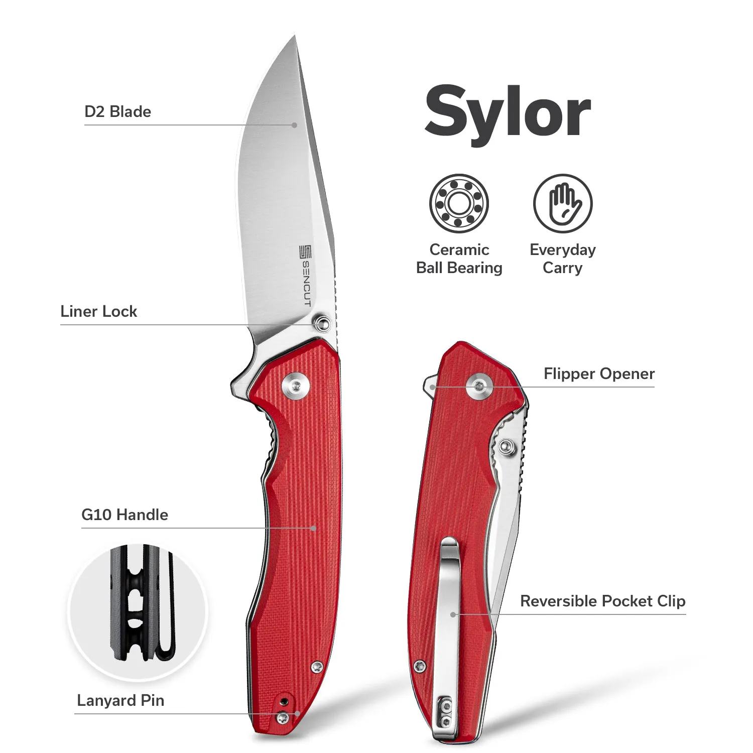 SENCUT Sylor S25056-3 Taschenmesser G10 Rot D2 Clip Point